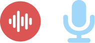 Two glyphs: on the left is a red circle with lines resembling audio waveform in the middle. On the right is a microphone glyph in blue.